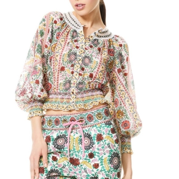 Alice + Olivia Tops - Alice + Olivia Cherelle Smocked-Waist Print Blouse